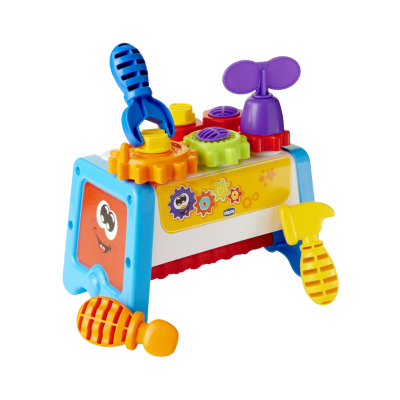 Brinquedo infantil de ferramentas coloridas de plástico com texto Chicco