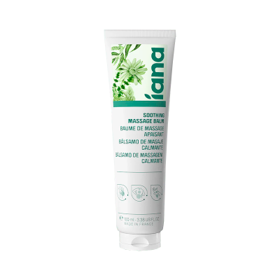 Bálsamo de massagem calmante em embalagem branca com ilustrações verdes