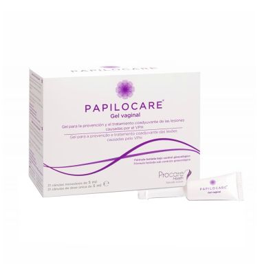 Caixa de gel vaginal PAPILOCARE com sachê branco ao lado
