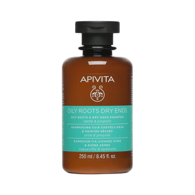 Frasco de shampoo Apivita Oily Roots Dry Ends castanho e azul