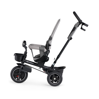 Triciclo infantil preto e cinza com barra de empurrar ajustável