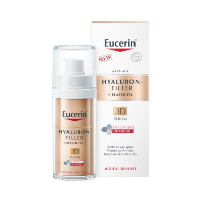 Eucerin Hyaluron-Filler + Elasticity 3D Serum frasco e caixa branca e dourada