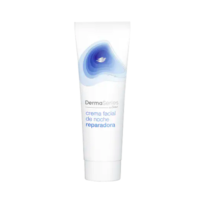 Tubo branco de creme facial de noite DermaSeries by Dove com texto em azul