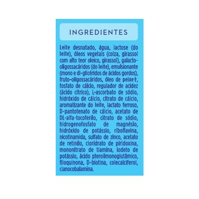 Lista de ingredientes em fundo azul clara com texto em azul escuro