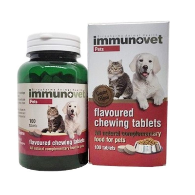 Frasco e embalagem de comprimidos mastigáveis flavorizados para animais Immunovet Pets