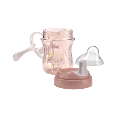 Copo infantil rosa transparente com bico e tampa da Chicco
