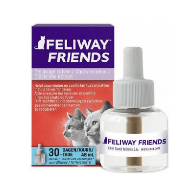 Frasco e embalagem do produto Feliway Friends com imagens de gatos e texto multilingue