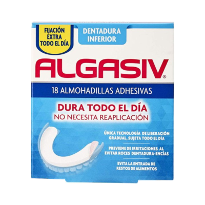Embalagem azul e branca de almofadas adesivas para dentadura ALGASIV