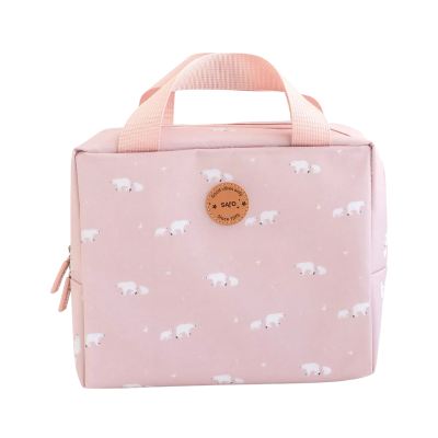 Mala cor-de-rosa com padrão de ursinhos polares brancos e alça rosa