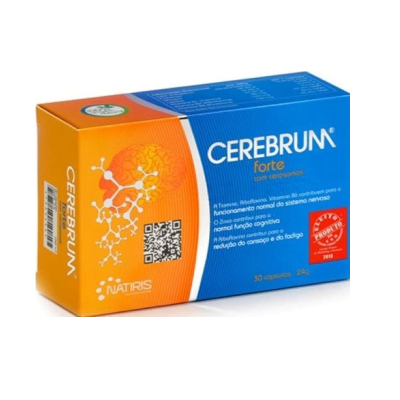 Caixa azul e laranja de suplemento CEREBRUM forte da NATIRIS com texto e selo vermelho