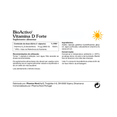 Rótulo do suplemento BioActivo Vitamina D Forte com texto e gráficos