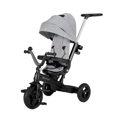 Triciclo infantil preto com assento cinzento e capota