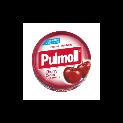 Embalagem redonda vermelha de pastilhas Pulmoll sabor cereja com duas cerejas ilustradas