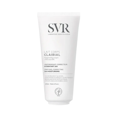 Bisnaga branca SVR Lait Corps Clairial com texto em preto e cinzento