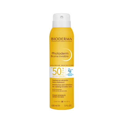 Aerosol Bioderma Photoderm Brume invisible SPF 50+, 150 ml, amarelo e branco