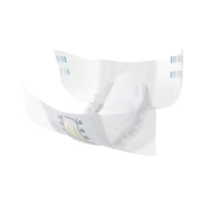 Fralda descartável branca para bebé com alças adesivas azuis.