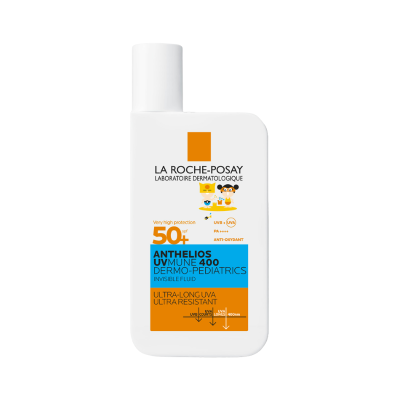 Frasco branco de protector solar La Roche-Posay SPF 50+ com texto colorido e ilustração de crianças