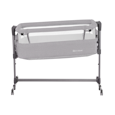 Berço bebé cinzento com laterais em rede e estrutura metálica