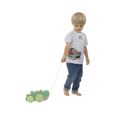 Criança a brincar com carrinho de brinquedo puxado por corda