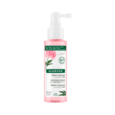 Frasco de sérum calmante Klorane com pivoine bio, rosa e branco