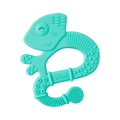 Mordedor azul turquesa em forma de camaleão com textura, marca Chicco