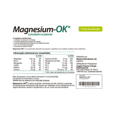 Rótulo de suplemento Magnesium-OK com informações nutricionais e fabricante