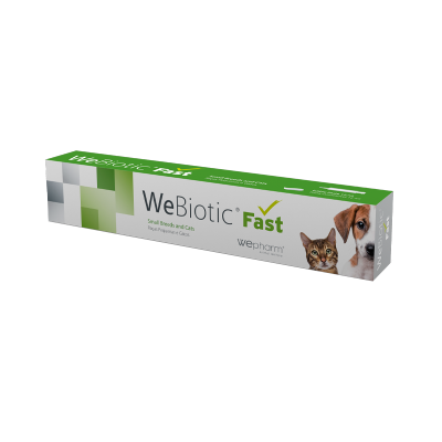 Embalagem WeBiotic Fast para cães e gatos, fundo branco com verde e imagens de cão e gato.