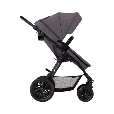 Carrinho de bebé cinza escuro com estrutura preta e rodas