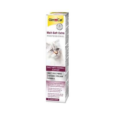 Embalagem do produto GimCat Malt-Soft Extra Professional para gatos com texto e imagem de gato