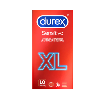 Embalagem vermelha de preservativos Durex Sensitivo XL com texto branco e azul