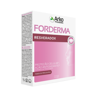 Embalagem branca e rosa do FORDERMA RESVERADOX da Arko Pharma com texto sobre proteção celular e antioxidante.