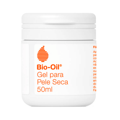 Frasco branco de Bio-Oil Gel para Pele Seca 50ml com texto laranja