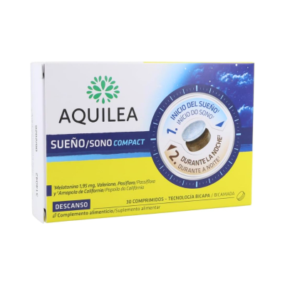 Embalagem de suplemento Aquilea Sueño/Sono Compact para descanso com 30 comprimidos