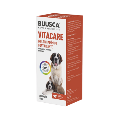 Embalagem de suplemento multivitamínico para cães BUUSCA VITACARE com imagem de dois cães São Bernardo