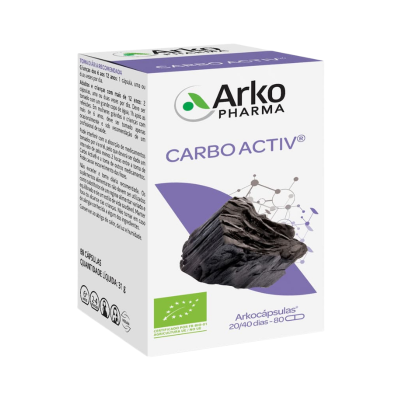 Embalagem branca de suplemento Arko Pharma Carbo Activ com imagem de carvão e texto em roxo e preto