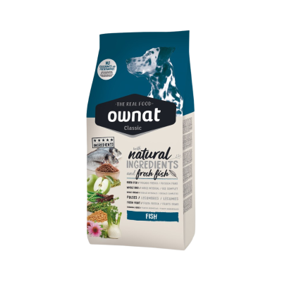 Saco de ração Ownat Classic para cães com ingredientes naturais e peixe fresco