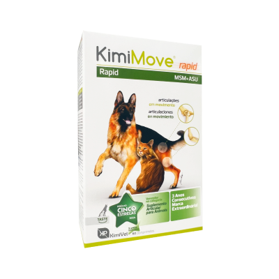 Embalagem do suplemento articular KimiMove rapid para cães e gatos com selo de prémio