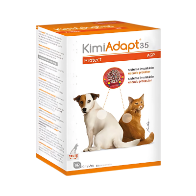 Embalagem branca e laranja de suplemento KimiAdapt 35 para cães e gatos