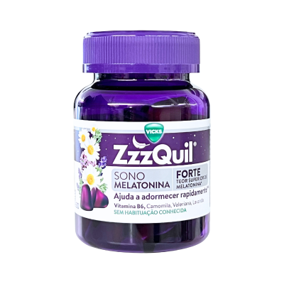 Frasco roxo ZzzQuil Sono Melatonina da Vicks com tampo roxo e rótulo branco com flores