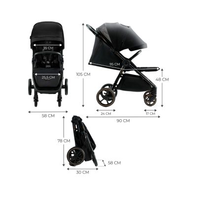 Carrinho de bebé preto com medidas em centímetros em várias posições