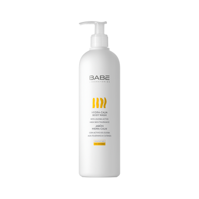 Frasco branco com gel de banho Hydra-Calm da BABE com texto em preto e amarelo