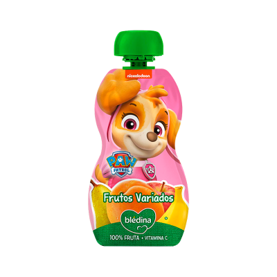 Pacote de puré de frutas Blédina rosa com personagem Paw Patrol e tampa verde