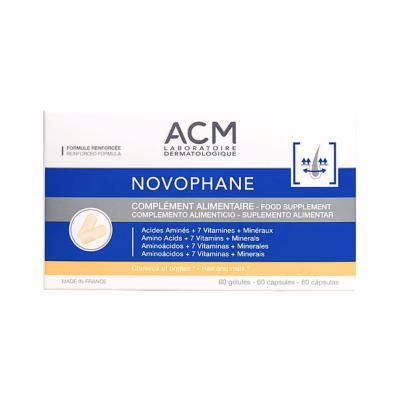 caixa do suplemento alimentar ACM Novophane com design branco, azul e cinza