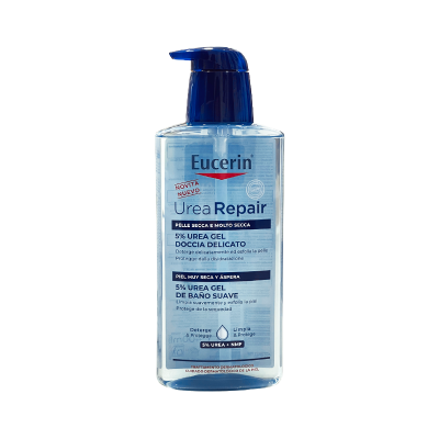 Frasco de gel Eucerin Urea Repair para pele seca com doseador azul