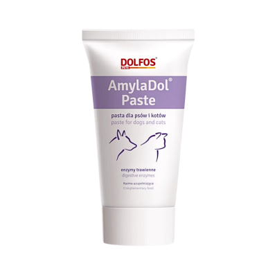 Frasco branco de pasta para cães e gatos DOLFOS AmylaDol Paste com texto e ilustrações minimalistas