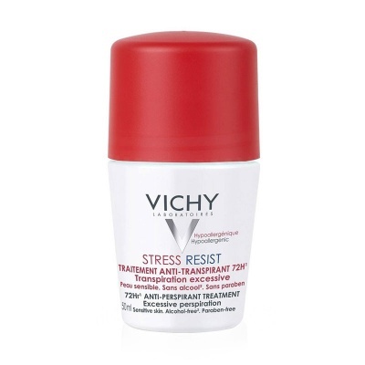 Desodorizante roll-on Vichy Stress Resist embalagem branca com tampa vermelha