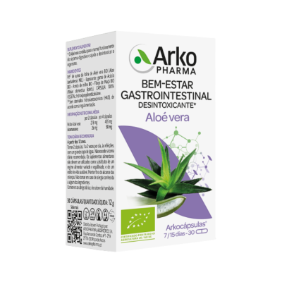 Embalagem branca de suplemento Arko Pharma Aloe vera para bem-estar gastrointestinal