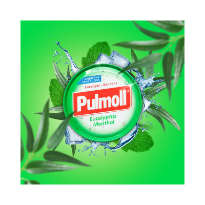 Embalagem verde de pastilhas Pulmoll Eucalyptus Menthol com folhas e gotas de água