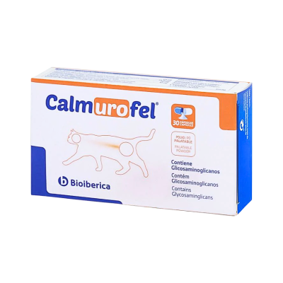 Caixa de medicamento Calmurofel para gatos com cores branca, azul e laranja