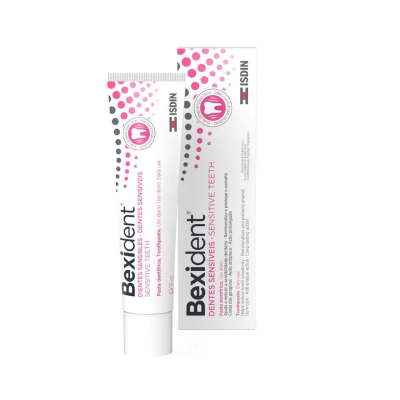 Pasta de dentes Bexident dentes sensíveis em tubo e caixa com padrão de pontos cor de rosa e cinza